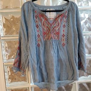 Johnny Was Blue Blouse with Colorful Embroidery